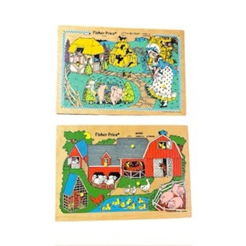 Vintage Fisher-Price Wooden Peg Puzzles Lot of 2 Little Bo Peep & Farm Animals